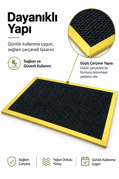 Gold çerçeveli kapı önü paspasının giriş alanındaki görünümü