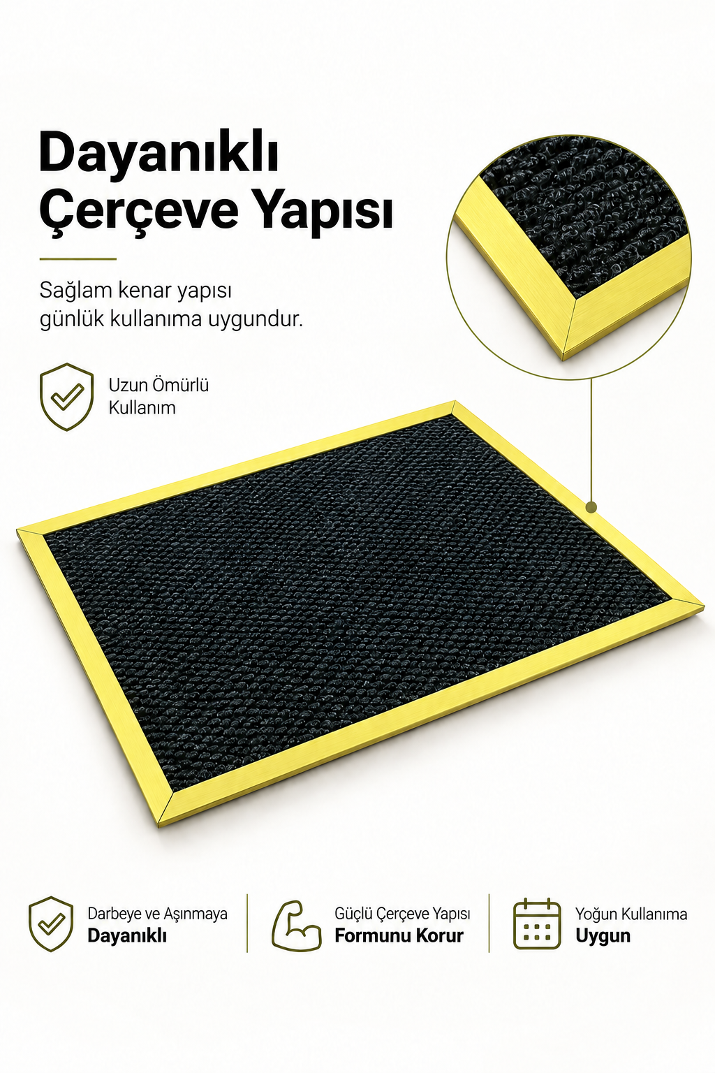Siyah kauçuk yüzeyli Gold çerçeveli paspas